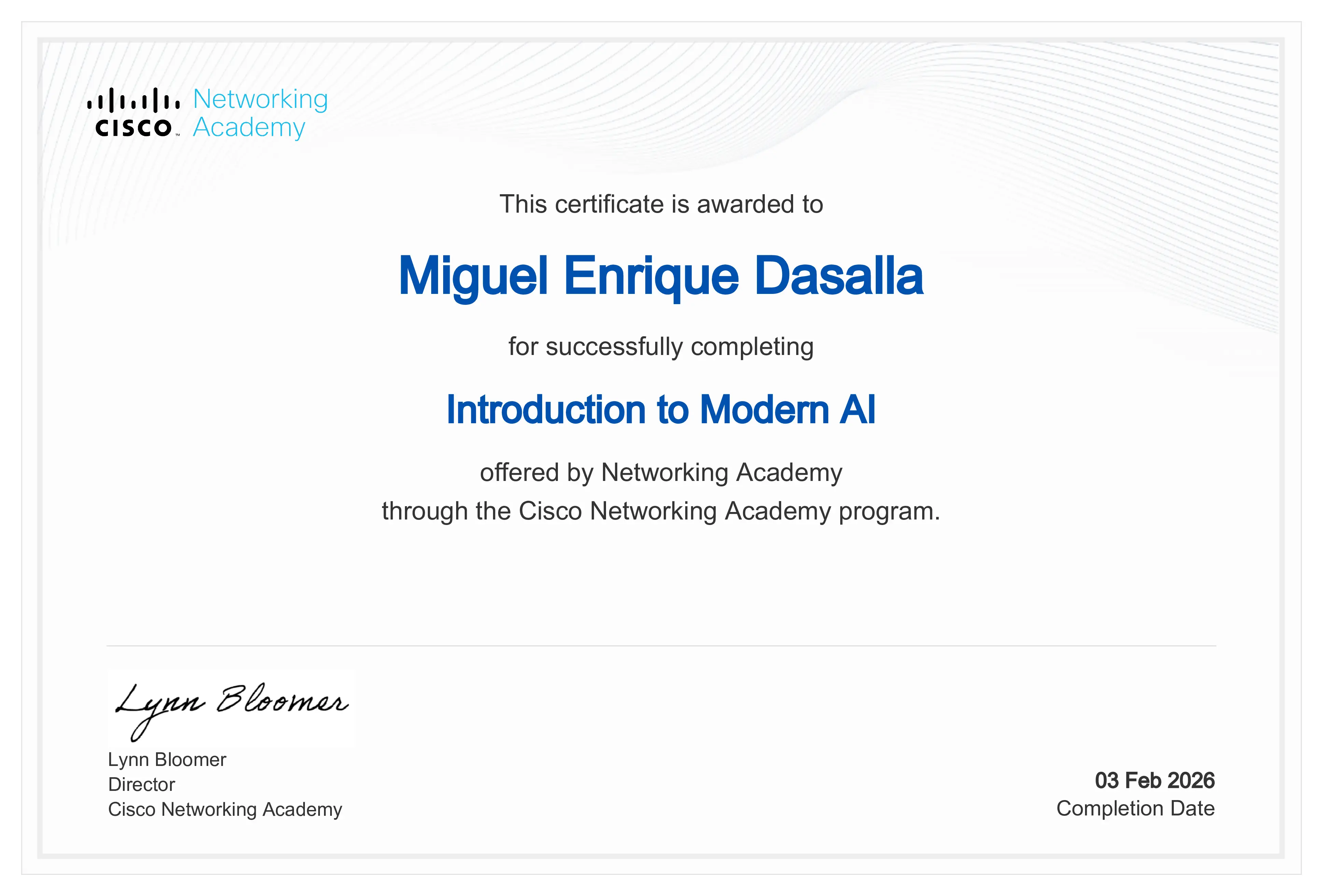 Introduction to Modern AI certificate preview
