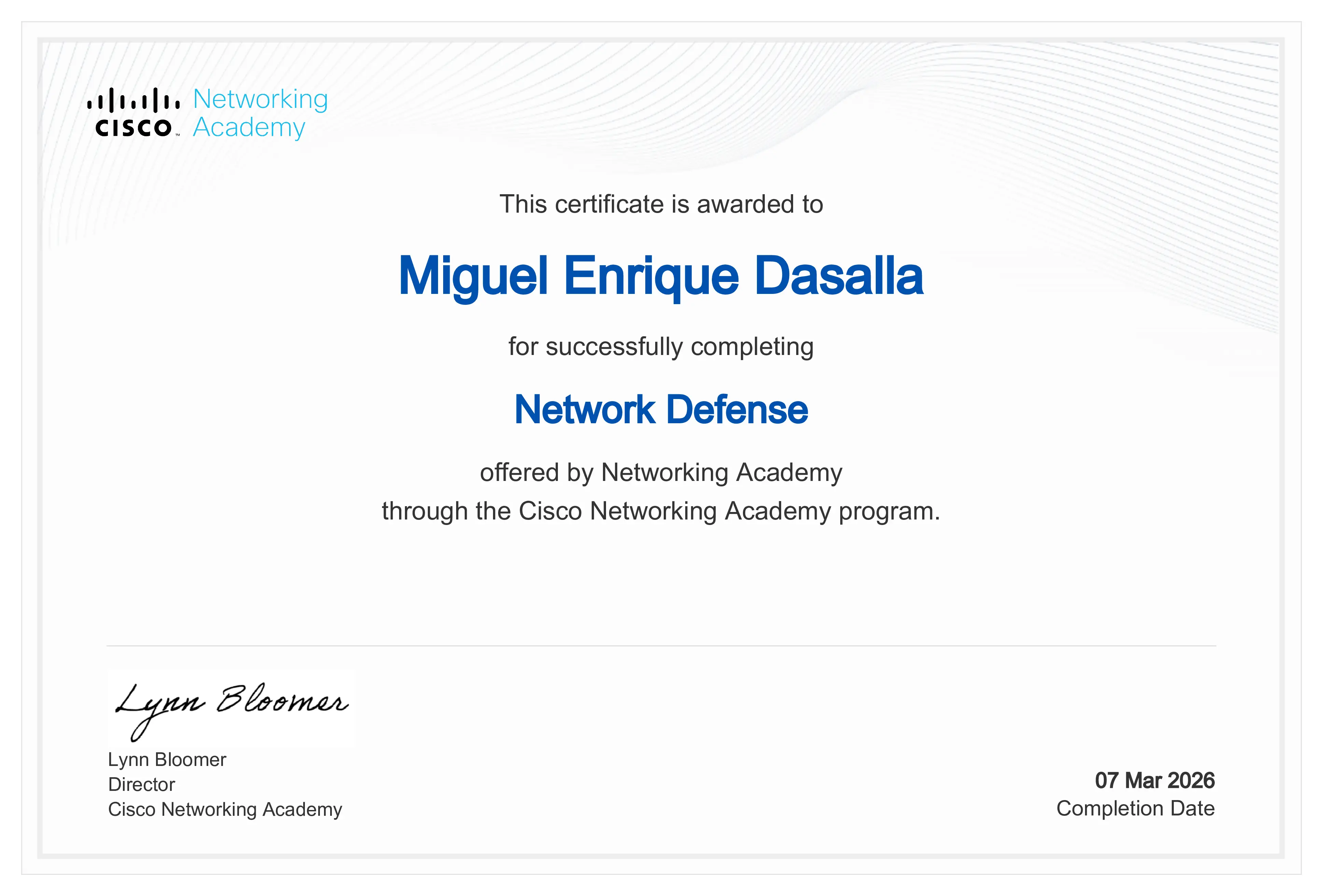 Network Defense certificate preview